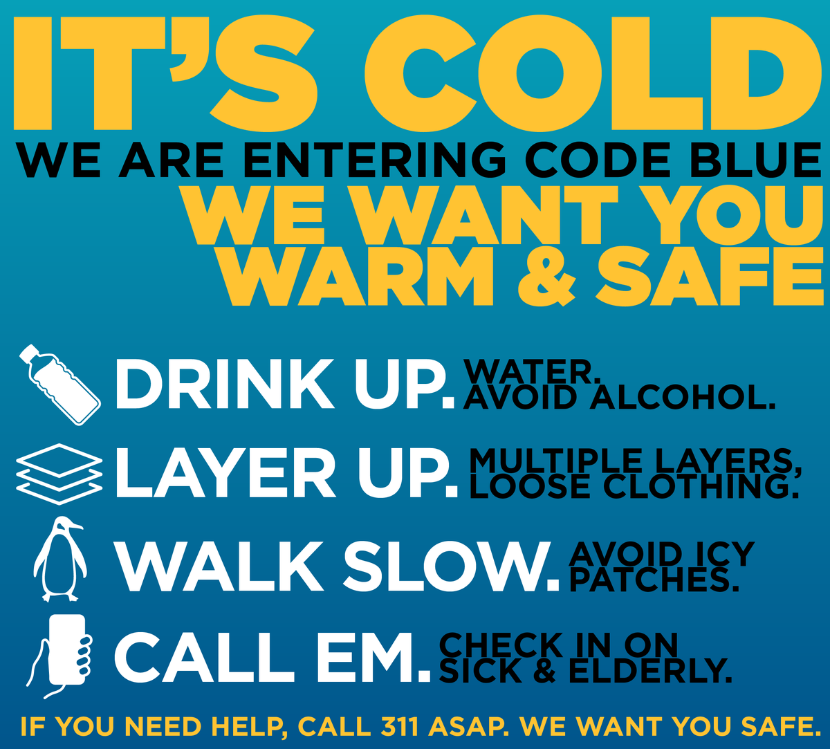 #Baltimore City's Acting Health Commissioner has declared a Code Blue Extreme Cold Alert for tomorrow morning: Wednesday, November 29, 2023. Please follow the appropriate precautions to stay warm and safe!