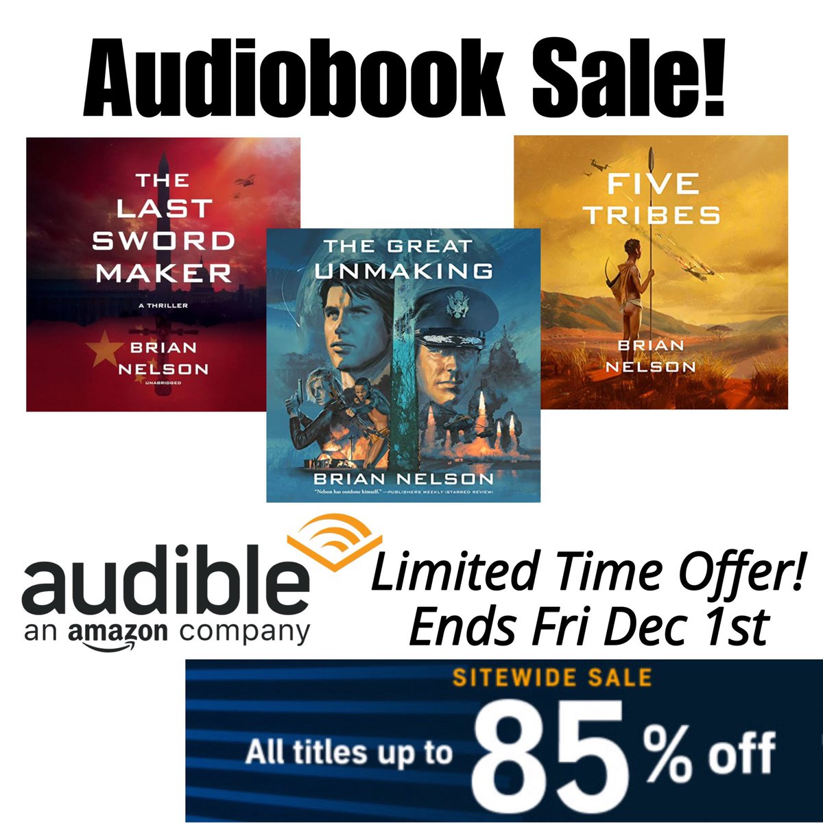 #AUDIOBOOK SALE on now at <a href="/audible_com/">Audible</a> w/big discounts! Get entire Course of Empire #thriller series in time for holidays at unbeatable price. 
1: The Last Sword Maker
2: Five Tribes
3: The Great Unmaking
<a href="/BlackstoneAudio/">Blackstone Publishing</a> 

Ends 12/1/23
Link here (US only)
audible.com/ep/audiobook-d…