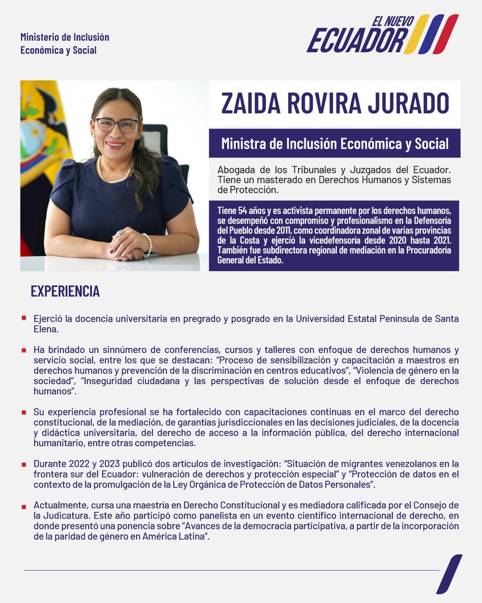 .@InclusionEc tiene a su nueva ministra, la abogada @zaida_rovira. Te presentamos su perfil y trayectoria profesional.

▶️ Conoce más en: bit.ly/3QVl3mZ

¡Construimos #ElNuevoEcuador 🇪🇨👏!