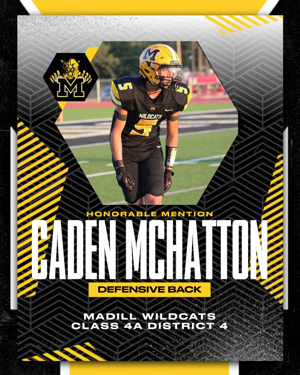 Congratulations to @Mchattoncaden on being selected District Honorable Mention Defensive Back! #IAGDTBAW🐯 #MadillMade⚫️🟡 #WildcatWay🐾