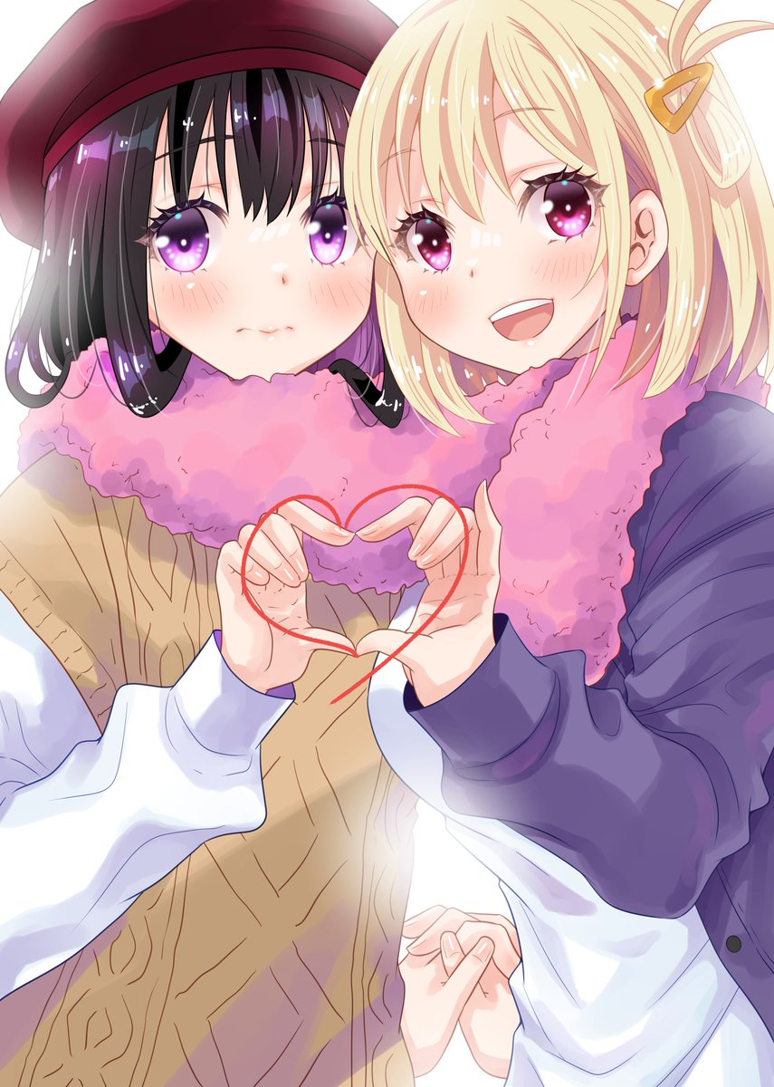 inoue takina ,nishikigi chisato multiple girls 2girls scarf blonde hair heart hands black hair purple eyes  illustration images