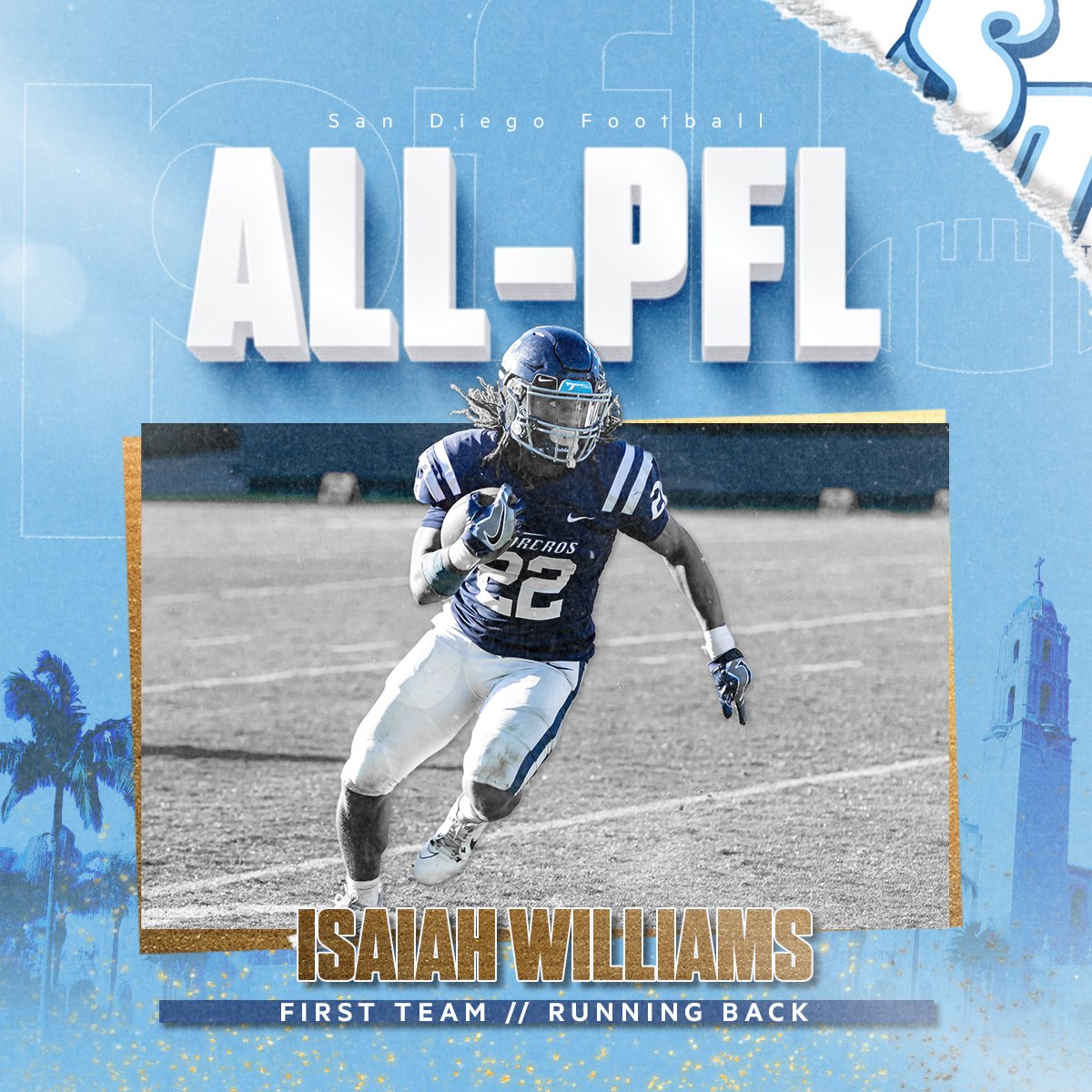 USDFootball's tweet image. Isaiah Williams shined all year. 

And now, he's been named to the 2023 @PFLNews First Team!  

🗞: bit.ly/49R0GQx 

#GoToreros