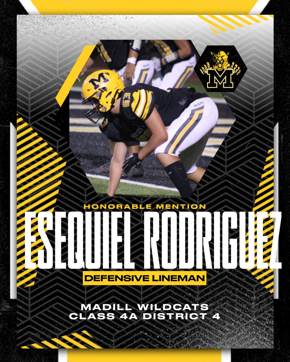 Congratulations to Esequiel Rodriguez on being selected District Honorable Mention Defensive Line! #IAGDTBAW🐯 #MadillMade⚫️🟡 #WildcatWay🐾