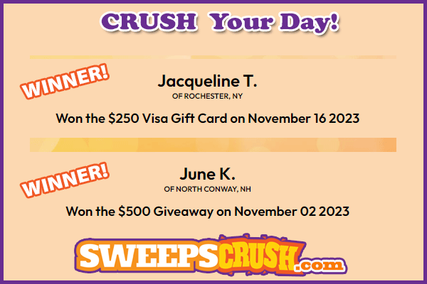 SweepsCrush's tweet photo. Congrats to our latest #Winners!

Crush YOUR day with free entries to #win the next #Giveaways!
Play SweepsCrush now: https://t.co/JHJxi1e3x7 https://t.co/Iw2sifJg71