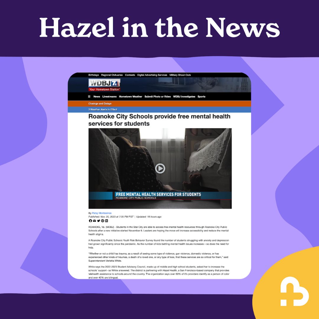 Roanoke City Public Schools recently launched Hazel Health services to address the growing number of students experiencing anxiety and depression.

We are so grateful for the opportunity to support students in partnership with <a href="/RoanokeSchools/">Roanoke City Public Schools</a> 🤝

wdbj7.com/2023/11/21/roa…