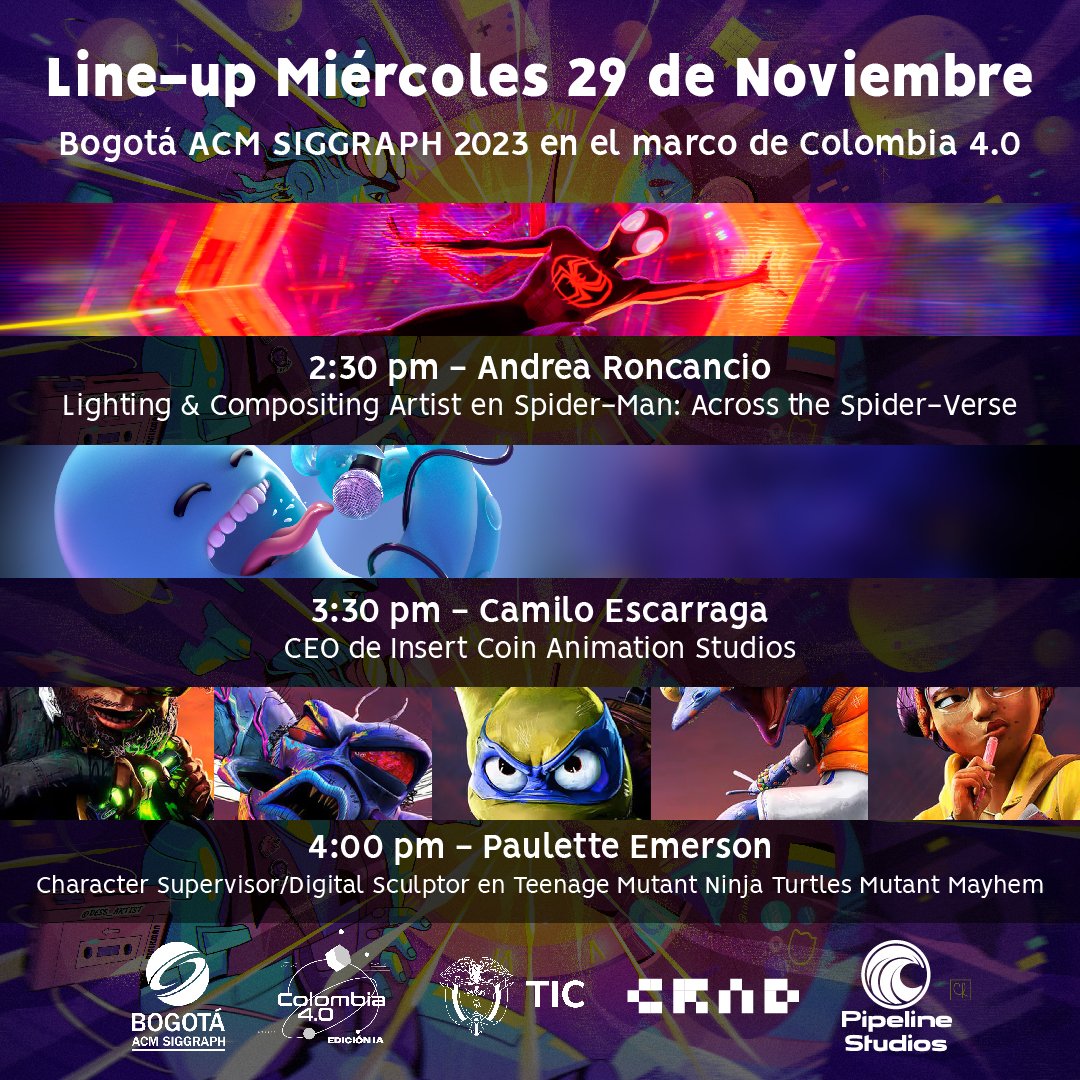 BogotaSIGGRAPH's tweet photo. Mañana es el día. Aquí esta la agenda del primer día para que te programes! 
Comenta cual es la que más quieres ver. Nos vemos mañana en Corferias dentro del marco de @Col4punto0 https://t.co/mbugwi9Aly