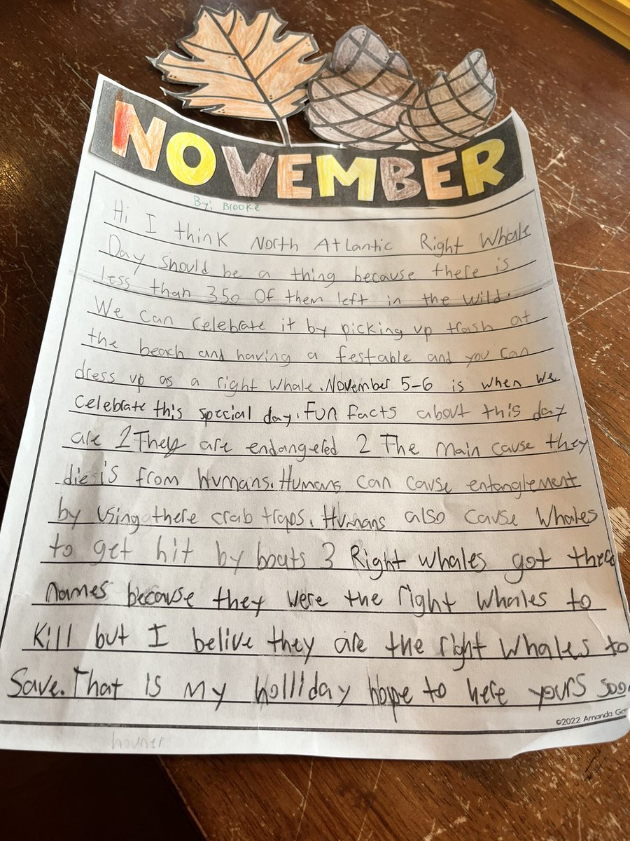 My kid really needs to work on her spelling but she is still SO awesome! Her 'create your own' holiday was Right Whale Day! ❤️❤️ #NARWs #RightWhaleToSave