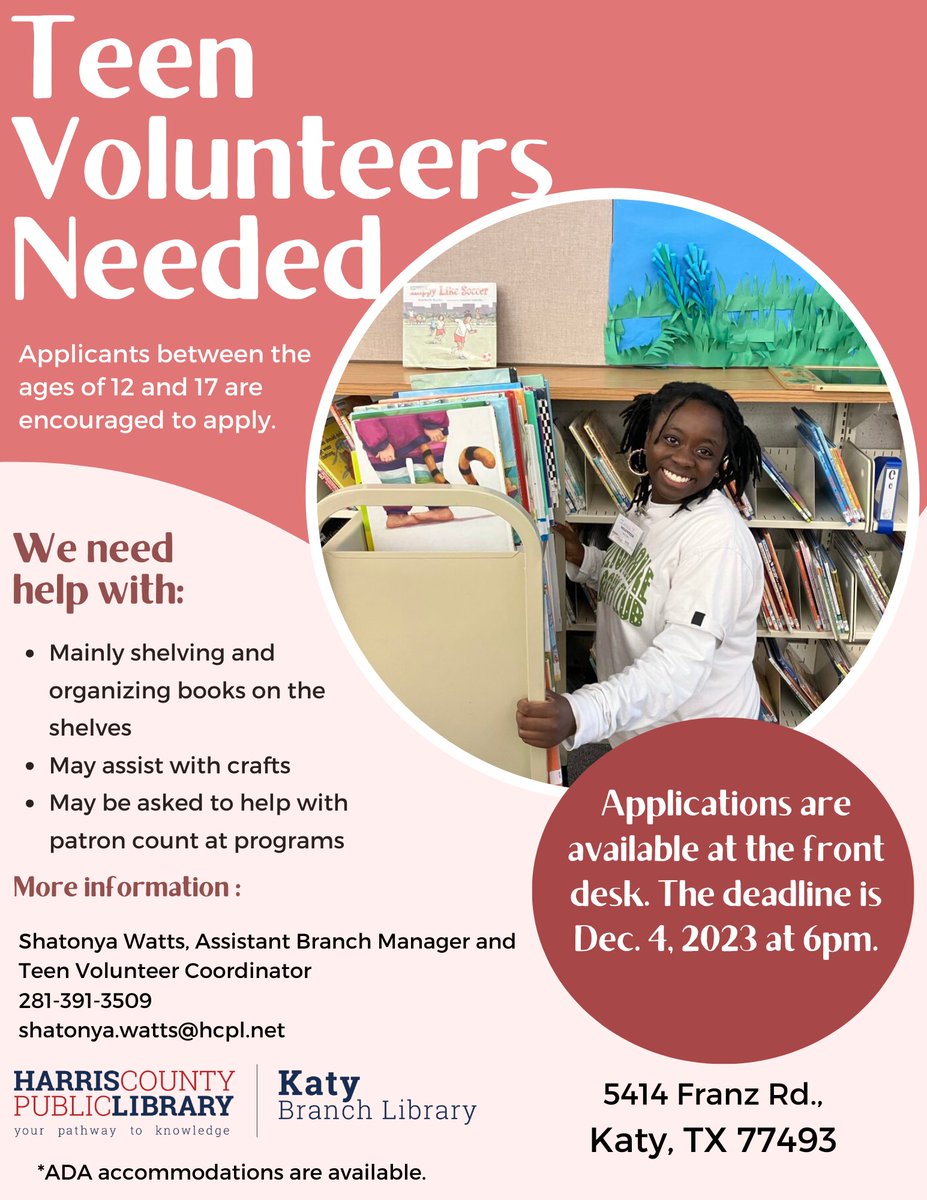 KatyLibrary's tweet image. We still have teen volunteer applications left! Applications are available at the front desk. The application deadline is Mon., Dec. 4, 2023, at 6pm. You must be aged 12-17 and be able to commit to volunteering for a semester. #katybranchlibrary #katyteens #hcplteens #hcpl