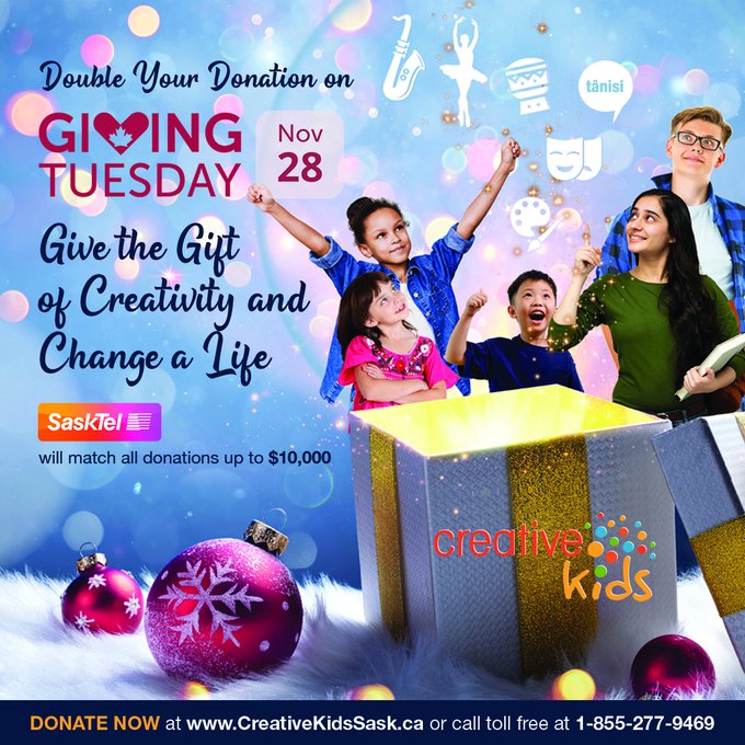 SaskTel's tweet photo. It's Giving Tuesday today! For every donation made to @CreativeKidsSK we will match up to $10,000. #JoinTheCKidsMovement so all kids can access the life-changing benefits of a creative activity. #GiftCreativity https://t.co/dgWv2zovbu