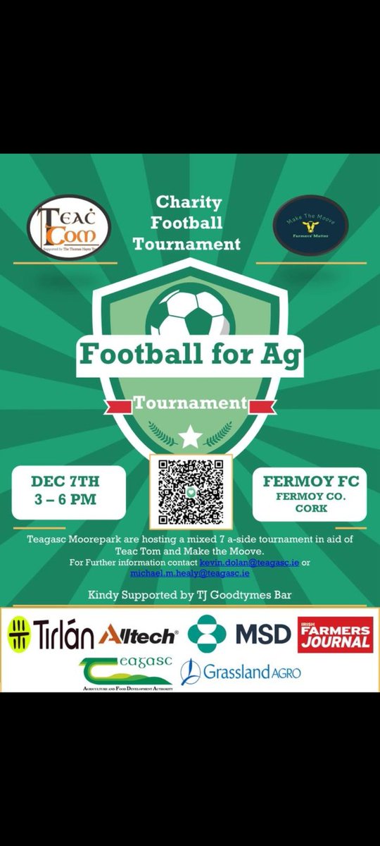 Great initiative by <a href="/kevin_dolan6811/">Kevin Dolan</a> and Mike Healy to organise a soccer tournament for ag mental health charities 👍
Room for further sponsors and teams if you contact the guys 
<a href="/teagascgrams/">George Ramsbottom</a> Centre mid for teagasc Signpost team and <a href="/ajwwoods/">Adam Woods</a> in goal for journal