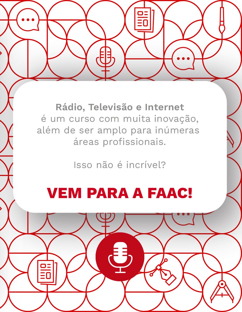 acifaac's tweet photo. Em mais um post do Vem Pra FAAC agora apresentamos o último curso: Rádio, Televisão e Internet.

No carrossel você confere algumas informações como as áreas disciplinares e a atuação no mercado profissional.

#unesp #unespbauru #acifaac #VemPraFAAC #RTVI https://t.co/hlvRUQyLG6