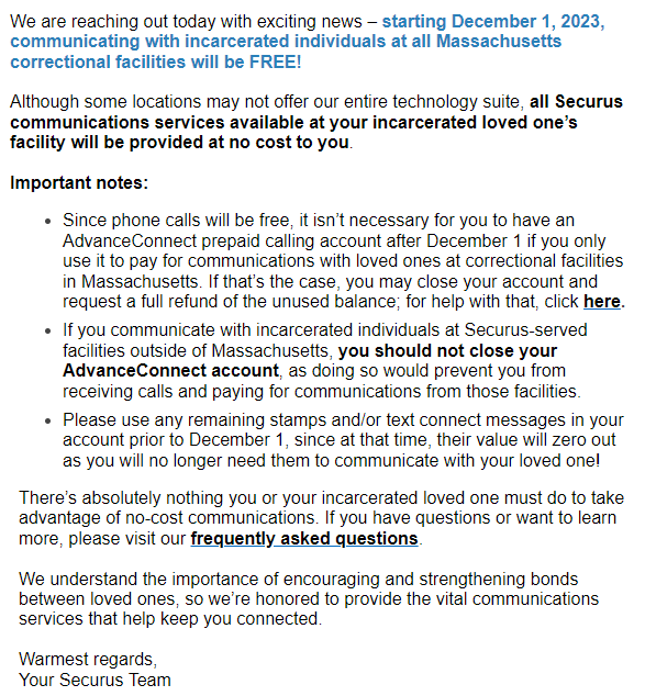 #NoCostCalls will be rolled out THIS FRIDAY (December 1)!  #KeepFamiliesConnected

Securus has posted a set of Frequently Asked Questions &amp; Answers online, with information about getting refunds on prepaid calling and other concerns:
securushelp.com/free-communica…