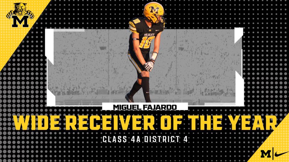 Congratulations to Miguel Fajardo on being selected District Wide Receiver of the Year! #IAGDTBAW🐯 #MadillMade⚫️🟡 #WildcatWay🐾