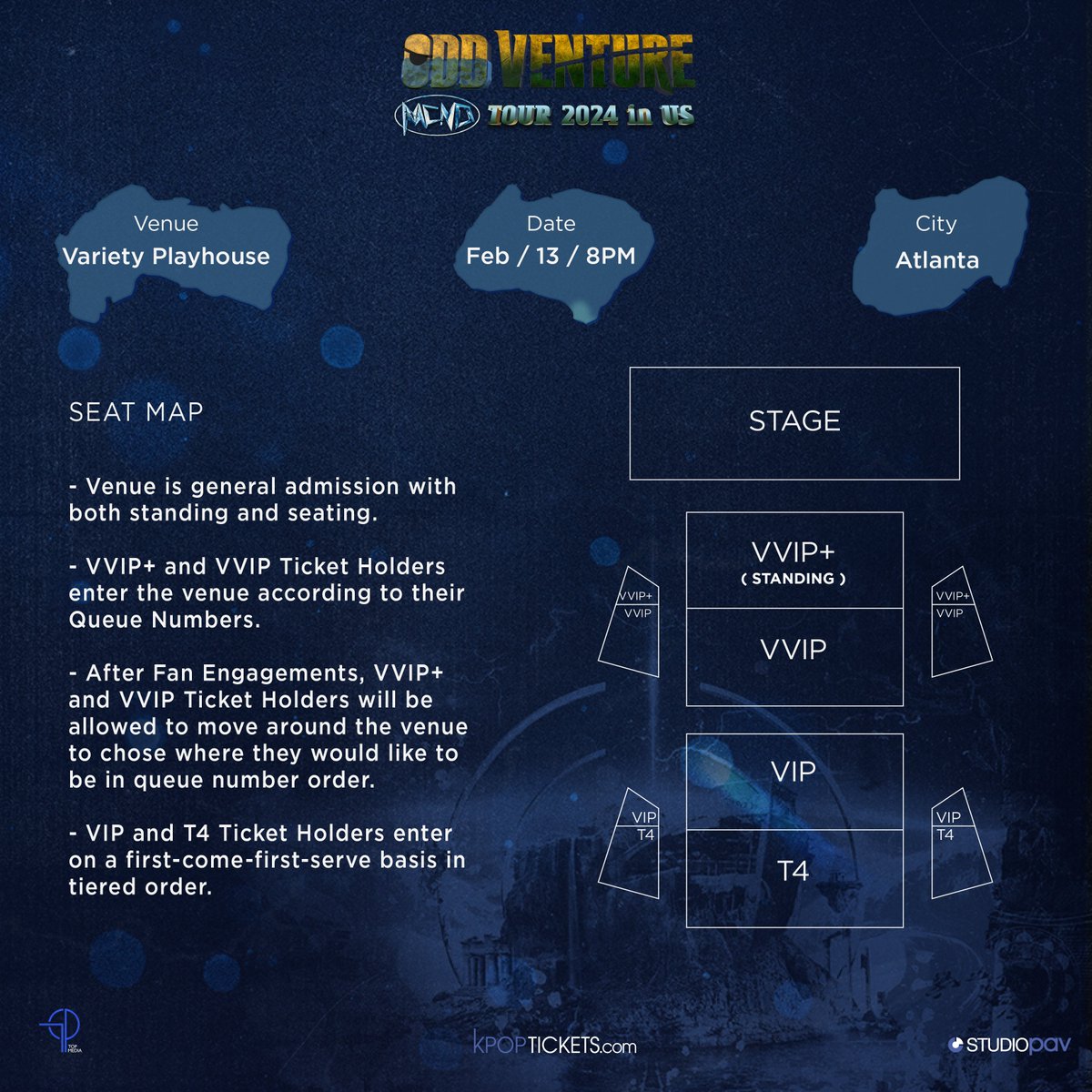#GEM 💎, here are the venue maps for 🧭MCND ODD VENTURE TOUR 2024 IN THE US 🧭

Make sure you read the image for your city for more specific information about the venue! 👀 Any questions about Bag Policy, please check the venue's website!

VVIP+ Tickets go on sale for everyone on