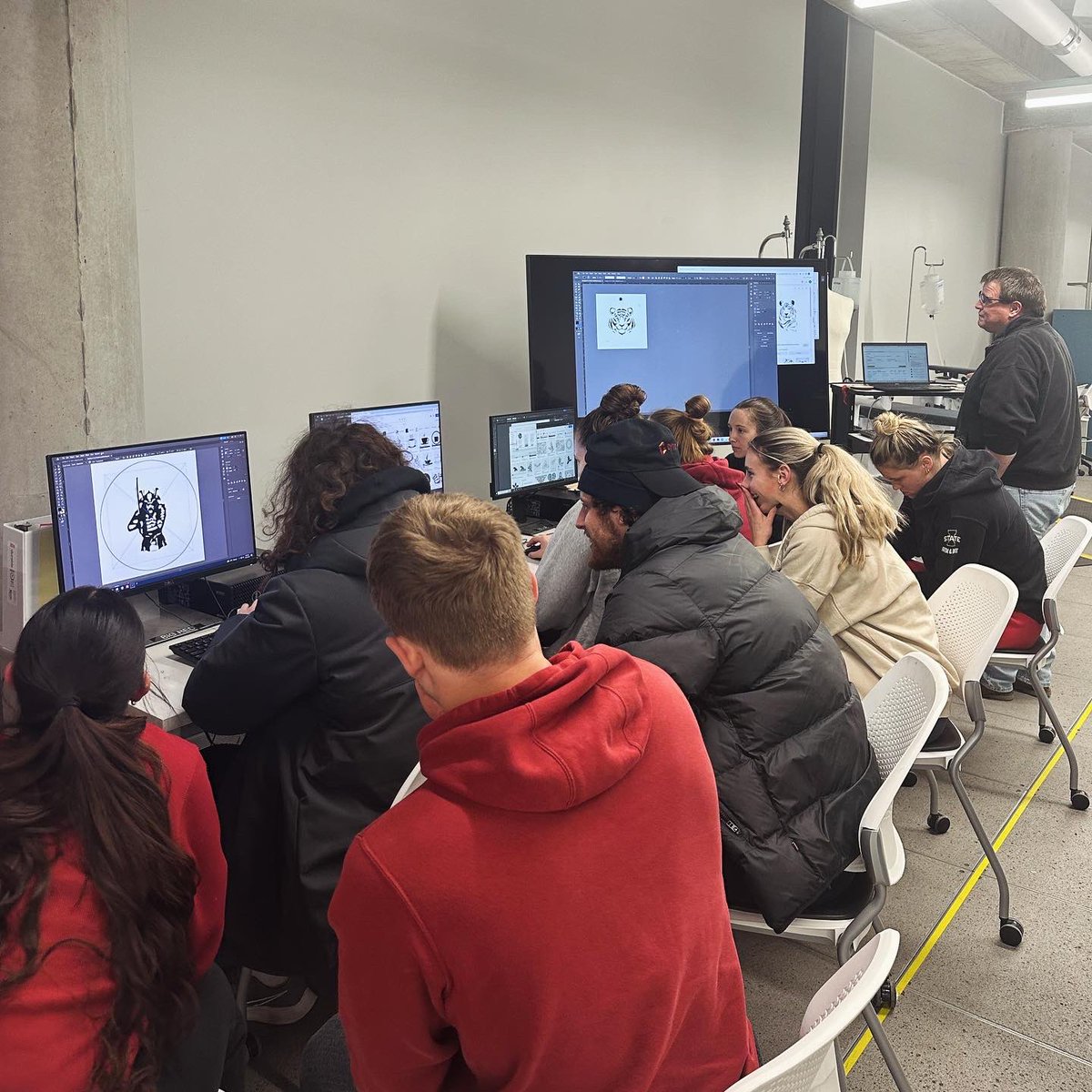 ISUathletes's tweet photo. Our SAAC reps took a break from their busy schedules to have a little fun and to learn and operate the universal laser cutters! What a great experience, and special thanks to @CyclonesInnov8 and Charlie Dvorak for guiding us along the way! https://t.co/nyAm4jUjJD