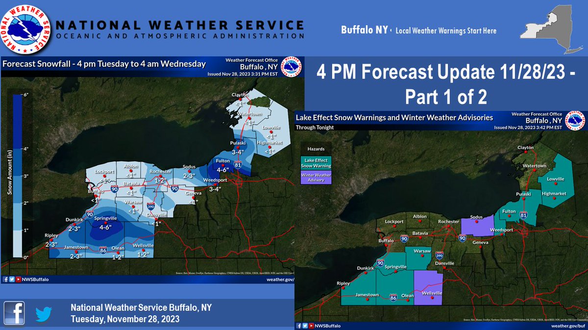 4 PM Forecast Update, Part 1: Through late tonight, west-northwesterly to westerly winds will direct multiple bands of lake effect snow across the Southern Tier and areas east/southeast of Lake Ontario, where lake effect snow warnings and winter weather advisories are in effect.