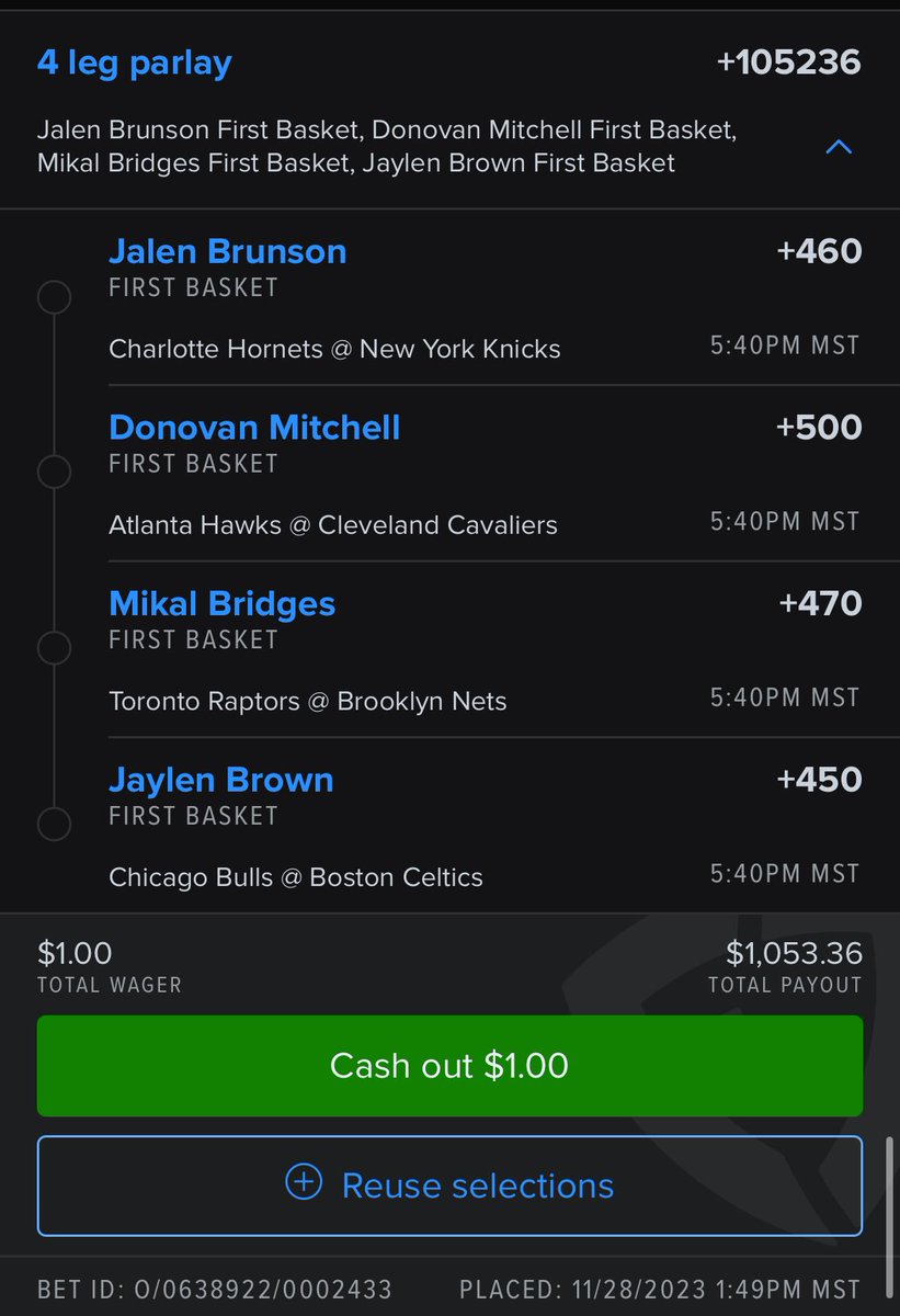 SKGbets8's tweet photo. Last lotto for the day! It could be your dolla holla or you could Round Robin it like I did and spread a half a unit across this First Basket Parlay @SportsKillDill #SportsKill #NBA #NBAprops #GamblingTwitter #GamblingX https://t.co/1V2S9OHio4