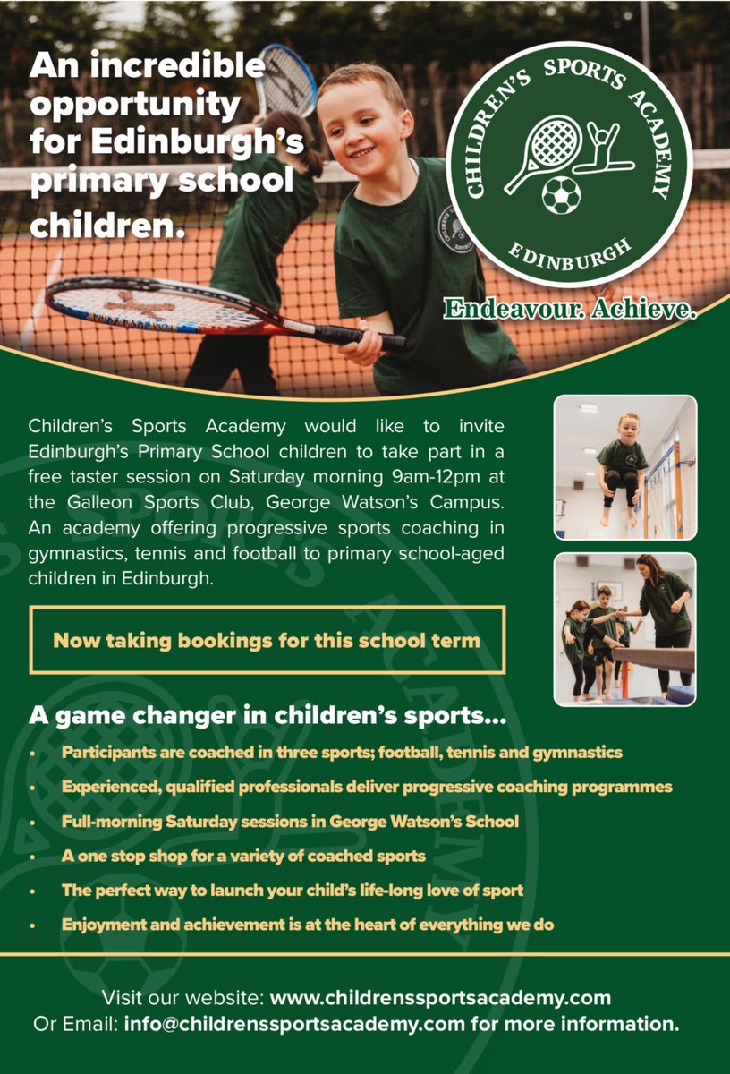 The Children's Sports Academy offers sports coaching in gymnastics, tennis &amp; football to primary school-aged children.

They're offering a free taster session (Sat morning 9am-12pm). 

Visit childrenssportsacademy.com or email info@childrenssportsacademy.com for more info.