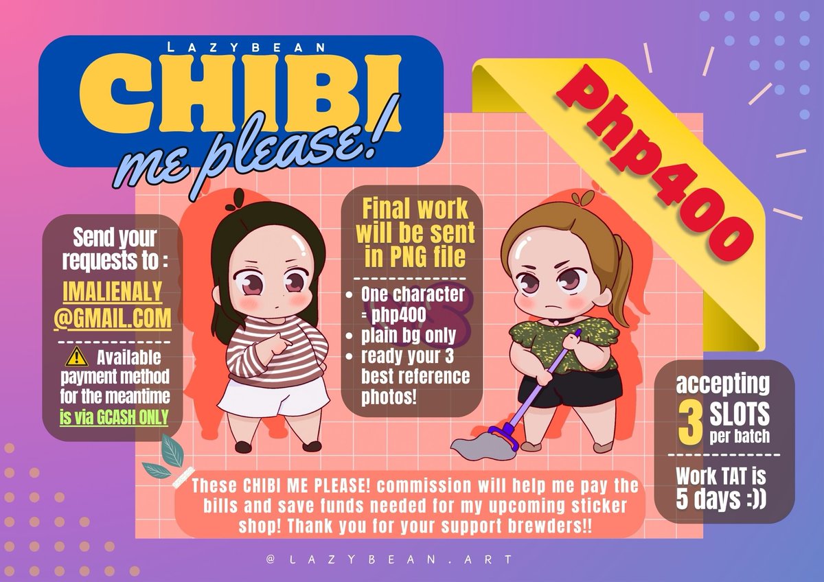 lazybeanart's tweet image. Heeeeeeyyy
Presenting project CHIBI ME PLEASE! for only Php400. Acquired funds will help me start the lazybean sticker business 💚 Send your requests now at imalienaly@gmail.com

Forever grateful for the love and support brewders (*^o^)／＼(^-^*)
-alele