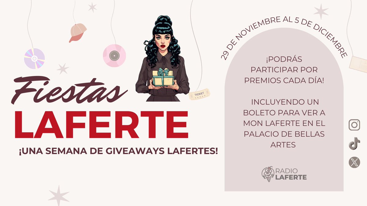 radiolaferte's tweet photo. ¡Llegan las Fiestas Laferte! 🎁🎄❤️

Súmate a una semana de giveaways donde podrás ganar muchos premios, incluyendo un boleto para ver a @monlaferte en Bellas Artes!

Cada día anunciaremos en nuestras redes el premio del día y la dinámica para concursar. 

#FiestasLaferte https://t.co/i6ZeRUKxNQ