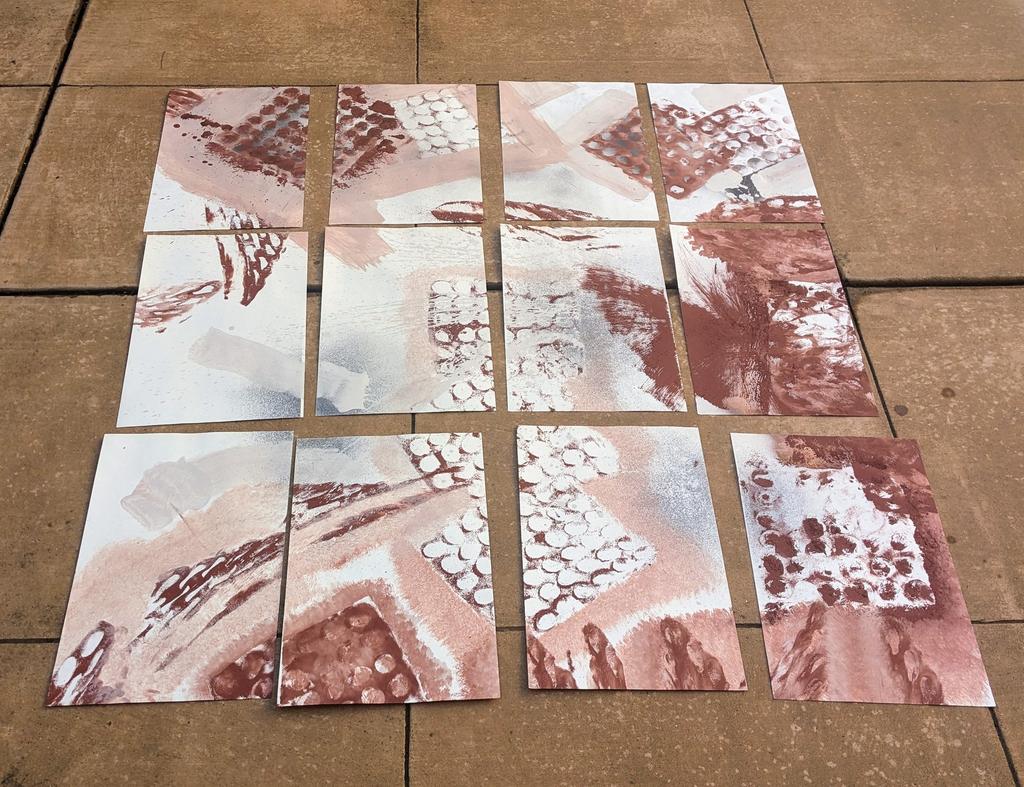 dumbeast's tweet photo. I did this painting in the late '80s or early '90s in my upstairs studio at Prieto Studios. It's done on 12 sheets of 13 x 20" coated paper, laid out in a 4 by 3 array. It's mostly latex house paint tinted with red and black iron oxide, with some sand mixed in for texture. https://t.co/mnbMkzSPvU