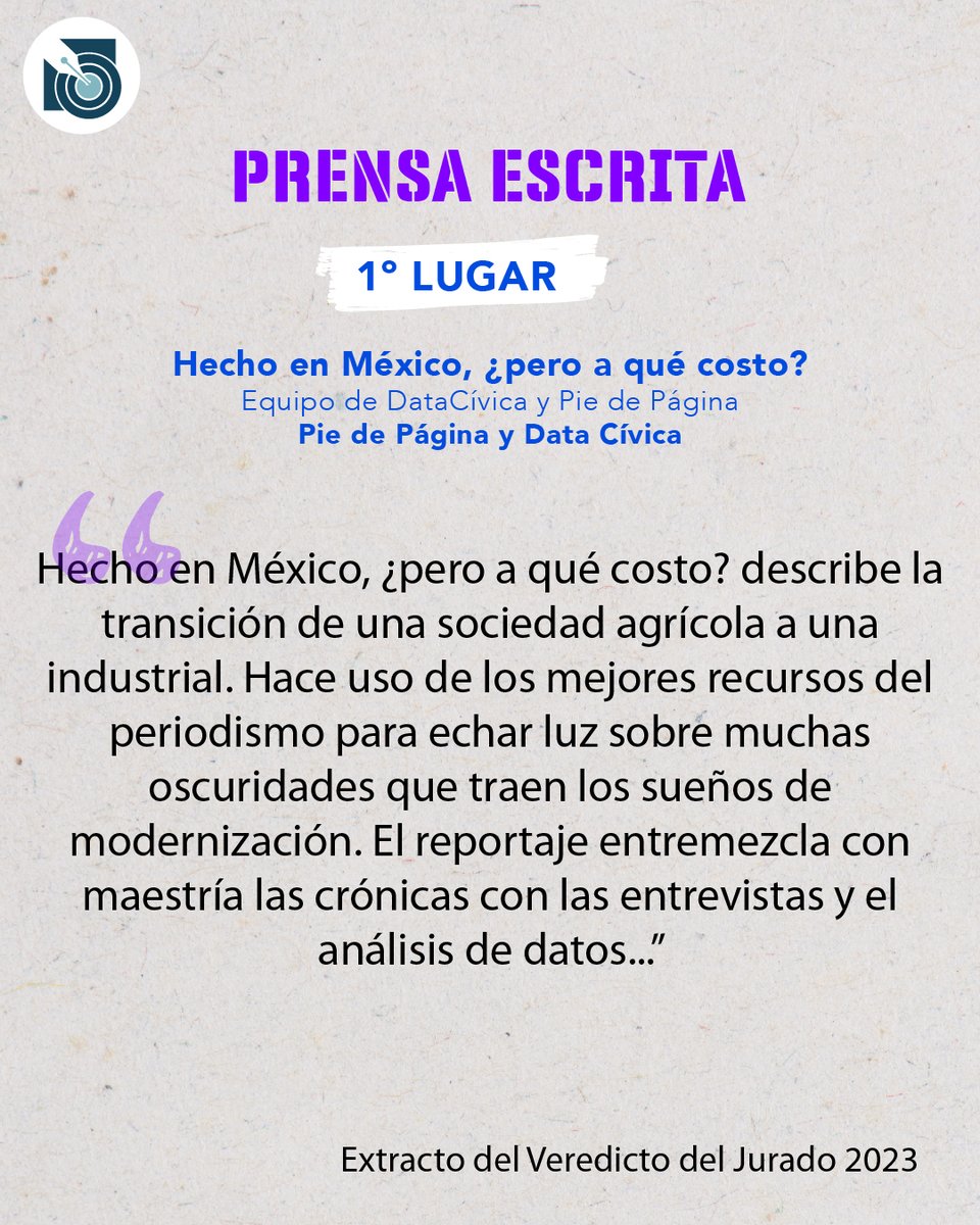 premioreutermx's tweet photo. De acuerdo con el jurado del #PAPWR2023 el buen periodismo es también el primer borrador de la Historia y por esta razón decidió otorgar el 1º lugar en la categoría Prensa Escrita al trabajo “Hecho en México, ¿pero a qué costo?” de @PdPagina y @datacivica👉https://t.co/AIgGSDf8xT https://t.co/O9Vy9Ih7ES