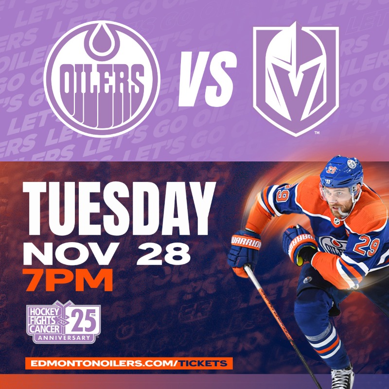 EdmontonOilers's tweet photo. 💜 TICKET GIVEAWAY 💜

It's #HockeyFightsCancer night as the #Oilers host the Golden Knights at @RogersPlace &amp; we are giving away two pairs of tickets! Repost &amp; reply with who you who you fight for to be entered. 

Buy tickets now to guarantee your seat: https://t.co/CFi44OAIcM