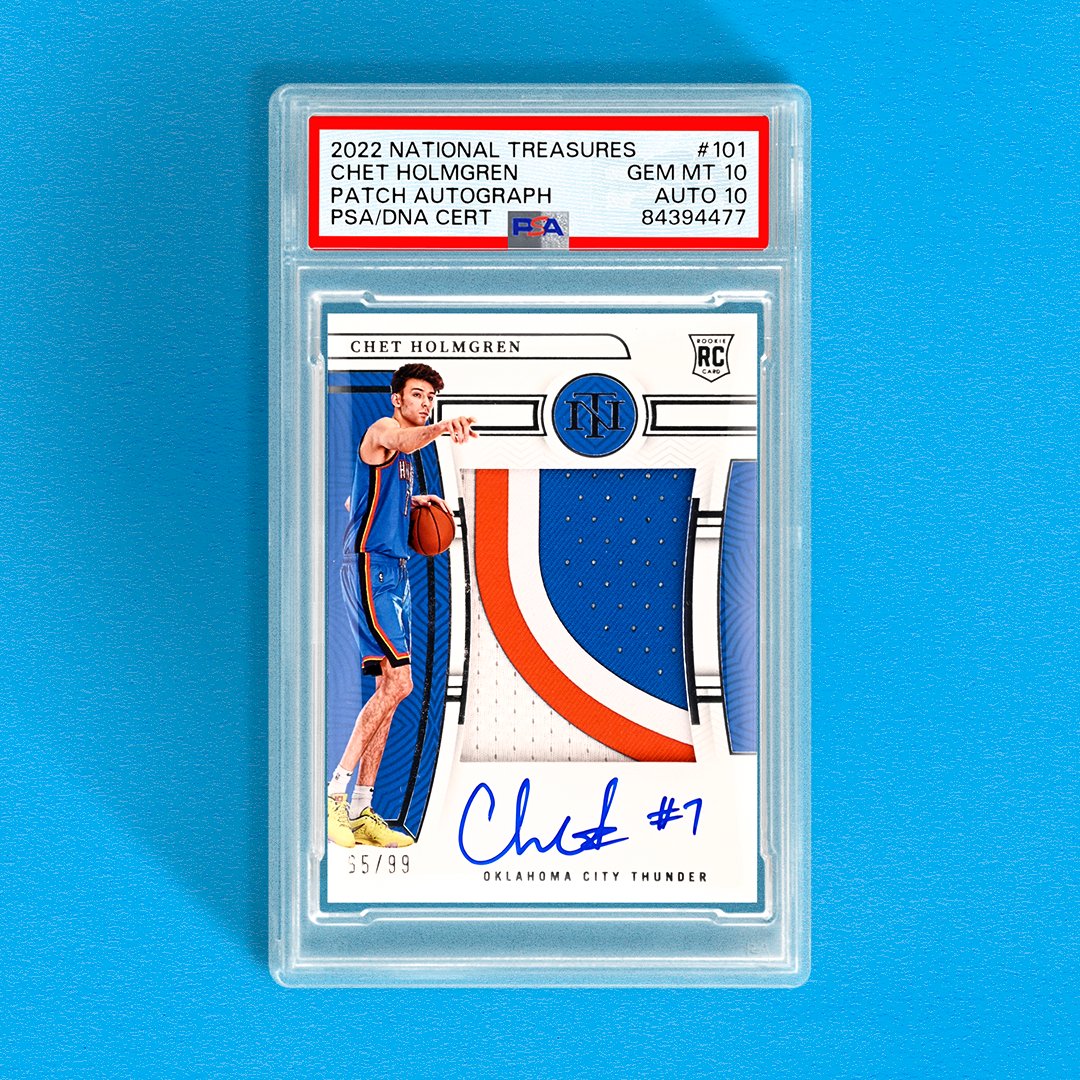 𝙅𝙐𝙎𝙏 𝙂𝙍𝘼𝘿𝙀𝘿 💎💎 Is Chet Holmgren your top Rookie of the Year contender right now? Collectors who already grabbed his cards love what they're seeing so far. This PSA 10x10 is the first dual gem of his National Treasures true RPA /99 to hit the pop report.
