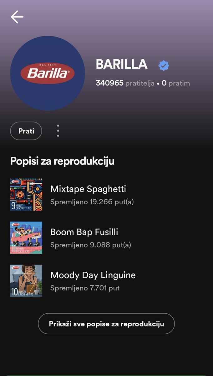 MrDelimehic's tweet photo. Barilla ima službeni account na Spotifyju te playliste za sve vrste pašta koje prodaju, a razlog je jednostavan - umjesto timera koristite playliste te po njima znate kad je gotovo.

Oduševljen sam s ovim marketingom. https://t.co/SWknxWTbsX