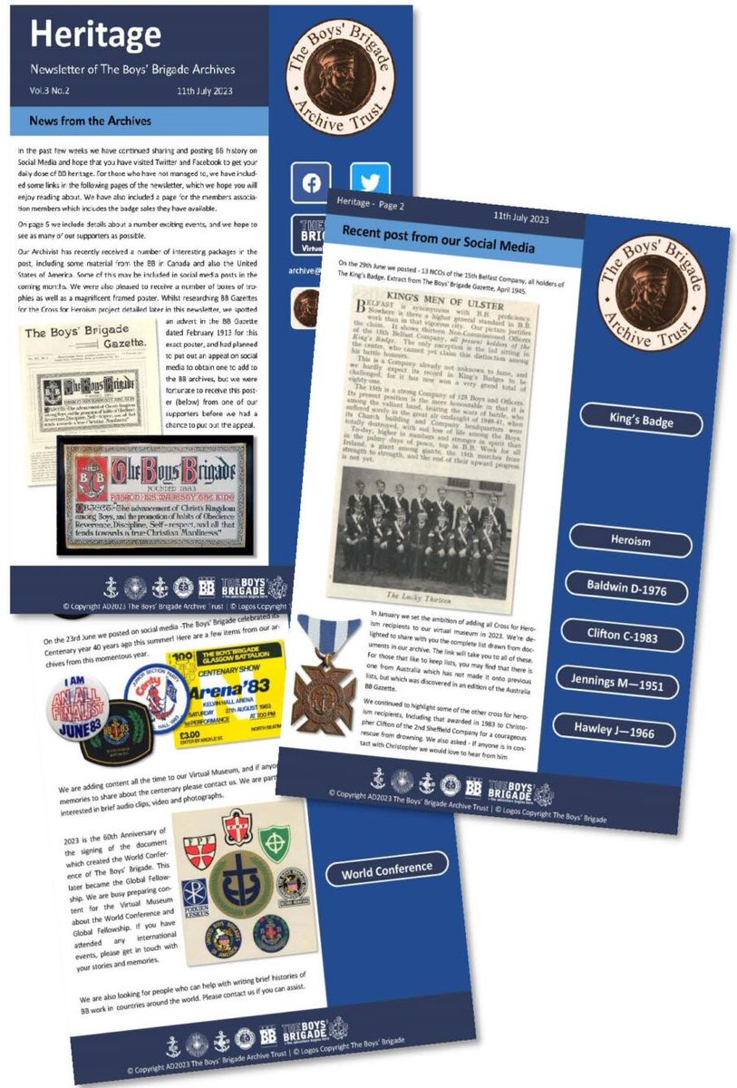 BBArchiveTrust's tweet photo. The A-Z of 'BB' 🔤
H is for... Heritage! ⚓️
Heritage is the digital newsletter of The Boys’ Brigade Archives🗞️
🔎 You can explore back issues on our virtual museum >> https://t.co/khlwdYp4hc
#BoysBrigade #histchild #history #museum #archives #heritage #BB140 https://t.co/yuI6UV3YsK