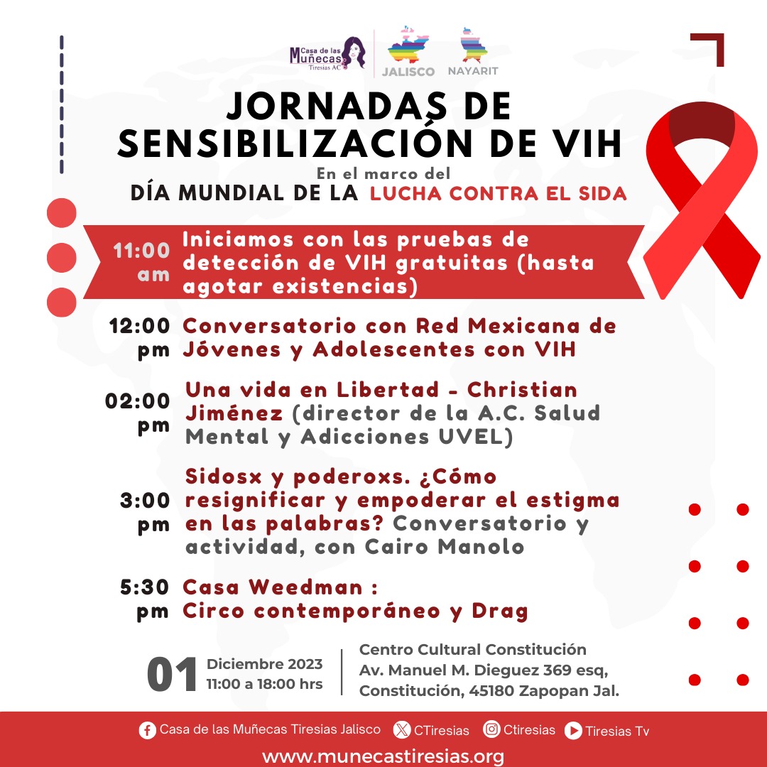 Jornada de sensibilización de VIH, en el marco del 'Día Mundial de la Lucha Contra el Sida', con actividades culturales, talleres, charlas y pruebas de detección de VIH gratis 📍 Centro Cultural Constitución en Av. Manuel M. Dieguez 369 esq, Constitución, 45180 Zapopan Jalisco.