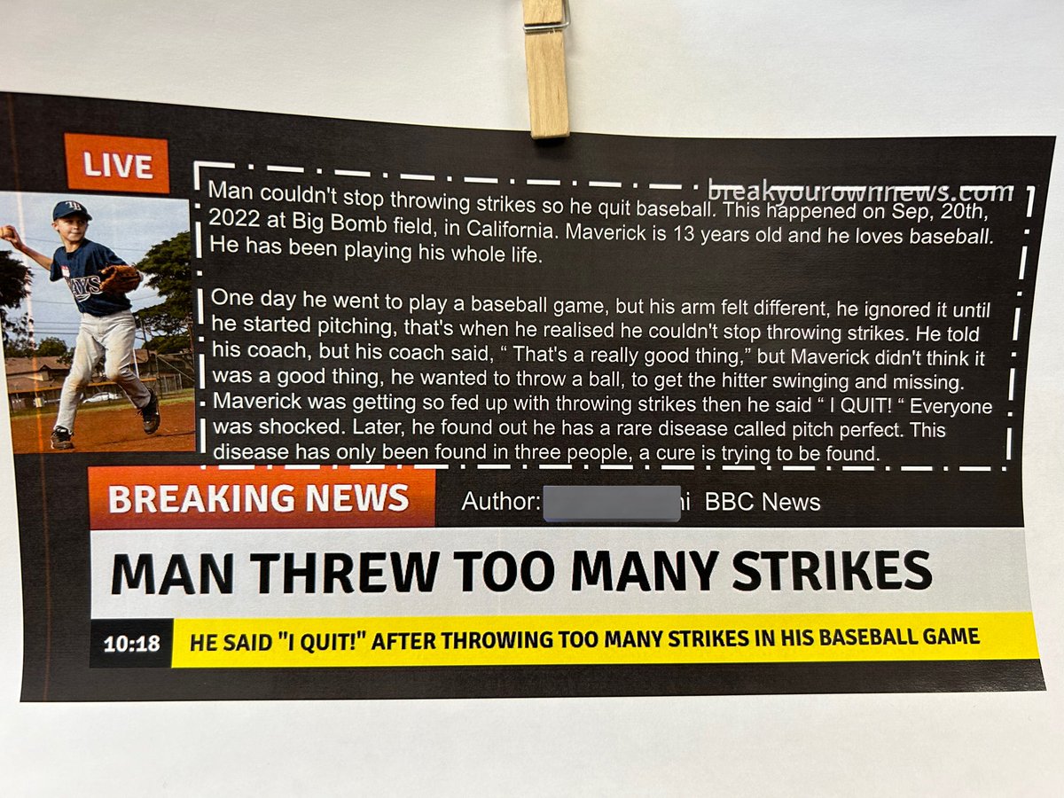 MsBowyersClass's tweet photo. We have been working on writing fake news articles after learning how to determine whether or not something is a real source or “fake news”. We also worked on parts of an article and using quotation marks! @GlenDhuPS https://t.co/voopLlHEy9