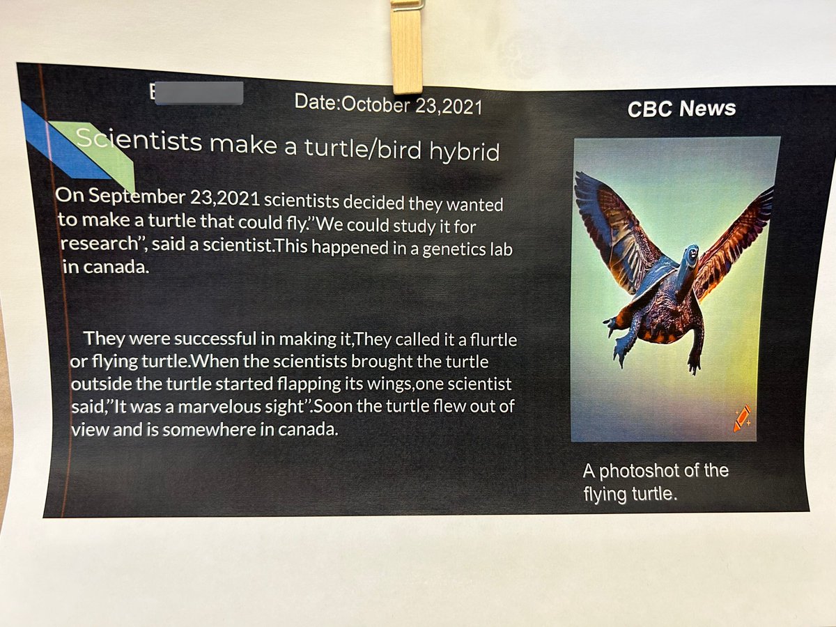 MsBowyersClass's tweet photo. We have been working on writing fake news articles after learning how to determine whether or not something is a real source or “fake news”. We also worked on parts of an article and using quotation marks! @GlenDhuPS https://t.co/voopLlHEy9