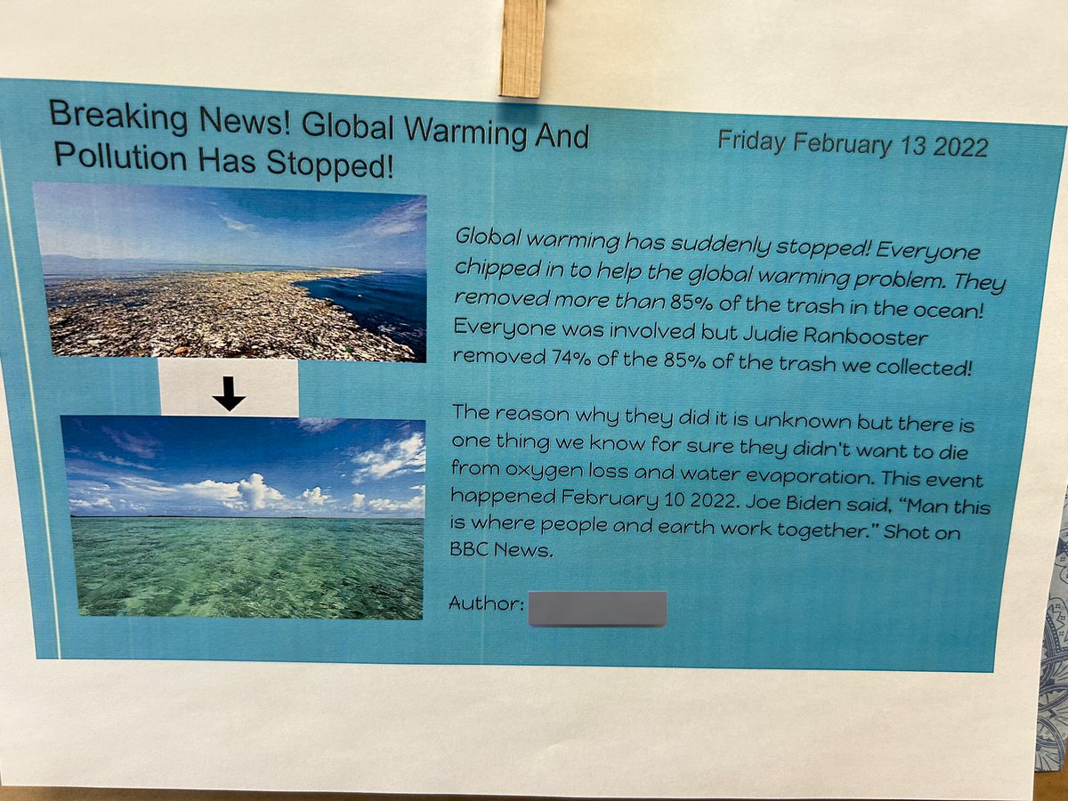 MsBowyersClass's tweet photo. We have been working on writing fake news articles after learning how to determine whether or not something is a real source or “fake news”. We also worked on parts of an article and using quotation marks! @GlenDhuPS https://t.co/voopLlHEy9