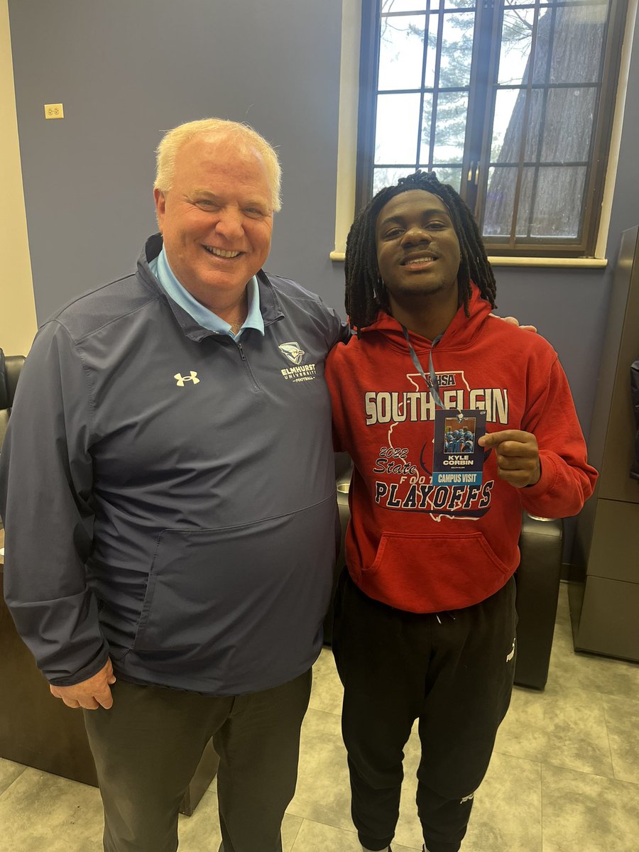 kccorbin2's tweet photo. Thank you @ElmhurstU_FB for the tour &amp; the opportunity to play here next fall! Looking forward to coming back @Coach_Tahaney @CoachMurray_EU @coach_lhump @Rich_DBs @ZavierBarnes09 @Phelps_EU @CoachQuaid @CoachMadison_EU @SouthElginFB https://t.co/iRWvGc79cn