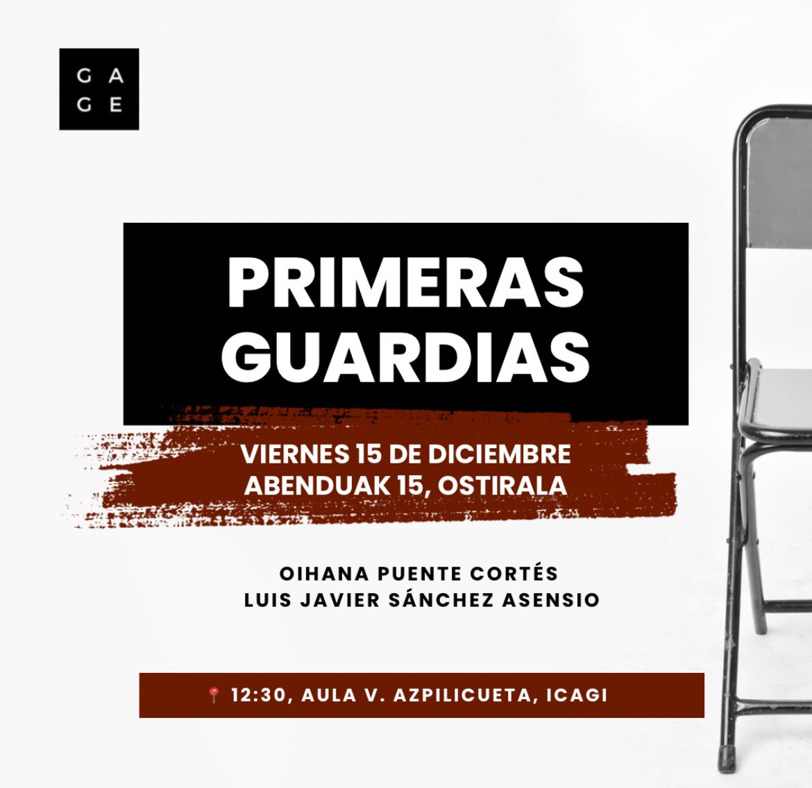 Datorren ostiralean, abenduak 15, gure lehendakaria, <a href="/OihanaPuente/">Oihana Puente</a>, eta gure lehendakariordea, Luis Javier Sánchez Asensio, <a href="/ICAGInforma/">ICAGI</a> -ko formazio aretoan izango dira ofiziozko txandan sartzen diren berriei laguntzeko.