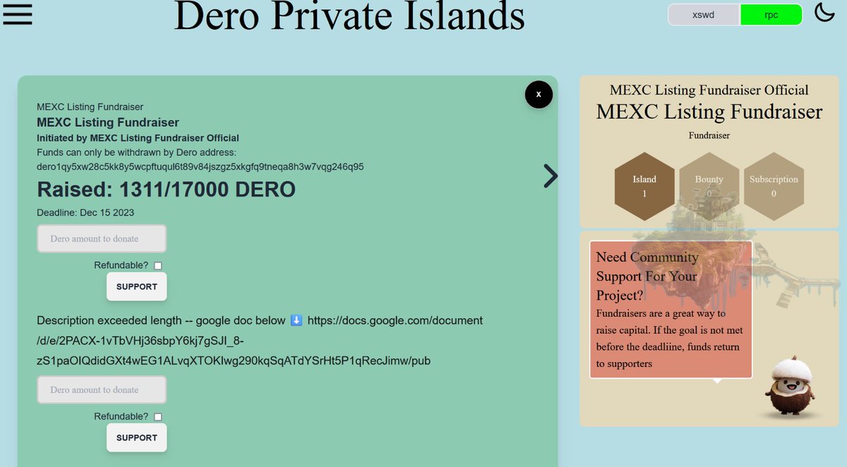 privateislands.fund/#/archipelago?…

For anyone keen to see DERO on a top 20 exchange, MEXC, then follow this link ⬆️⬆️⬆️. Just connect your wallet with the RPC bridge and donate. This is a community effort, we're stronger together!