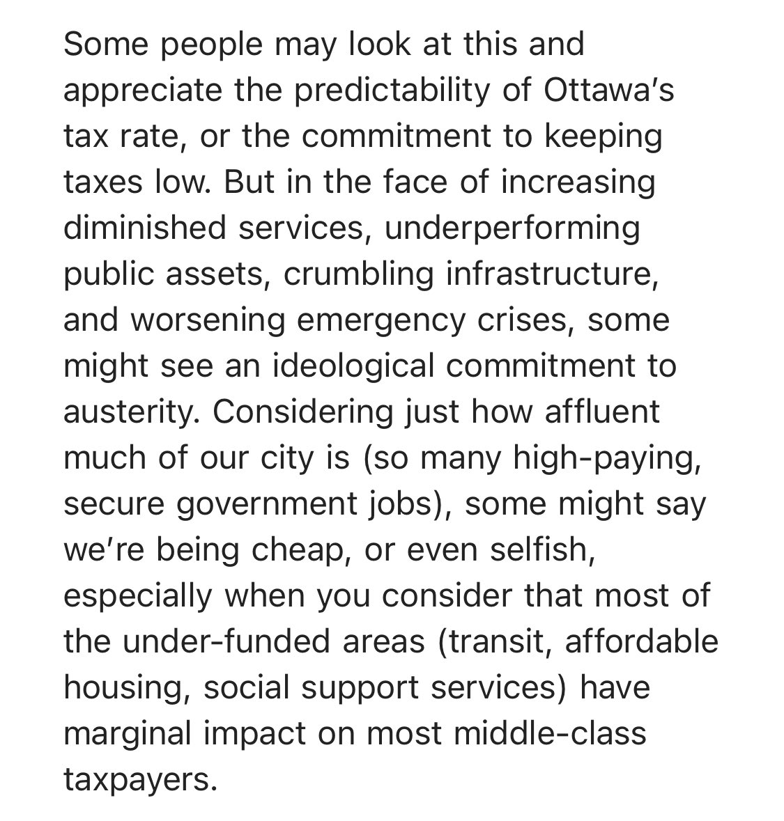 Appreciate <a href="/DevineSean/">Sean Devine</a>’s words on <a href="/ottawacity/">City of Ottawa</a>’s Budget 2024, and specifically on the austerity approach to property taxes.

(Image from his newsletter.)