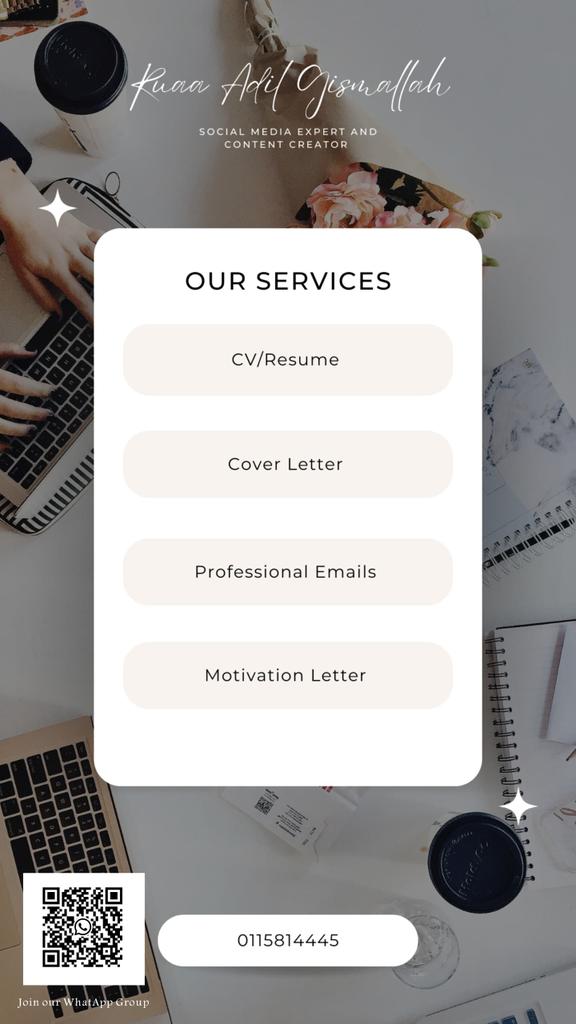 ProWrite Services by @RuaaGismallah offers you all these services with professionalism, reasonable prices and aesthetic satisfaction! 
Link to WhatsApp group chat: chat.whatsapp.com/KOVBXmwnwTd1Wp…