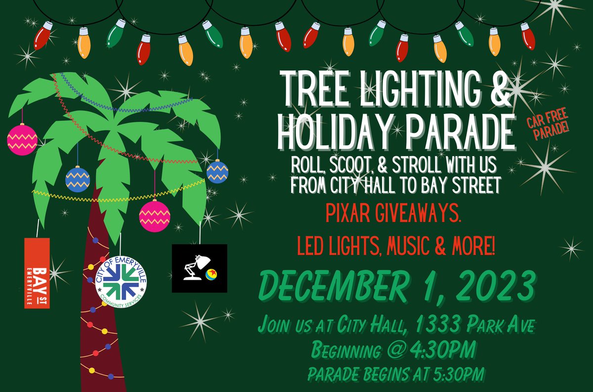 Come be part of @EmeryvilleCA’s CAR-FREE Holiday Parade this Friday! 🎁 @Pixar Giveaway 🎁 Decorate your 🚲🛴 🎁 Light the Holiday 🎄 🎁 Walk, Bike, Scoot, Stroll 🚗-free streets & 🚲 paths to @BayStEmeryville 🎁 Welcome 🎅🏼 on his “reindeer” cargo 🚲 sleigh 🎁 Food, drink, games