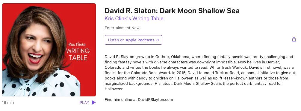 🎙️ #Podcast News! The incredible @drslayton was featured last month on an episode of @WritingTablePC! Tune in as David dives into the gripping world of his latest masterpiece, #DARKMOONSHALLOWSEA and his inspirations. 📚 🎧 Hit the play button now: buff.ly/3QhioUm