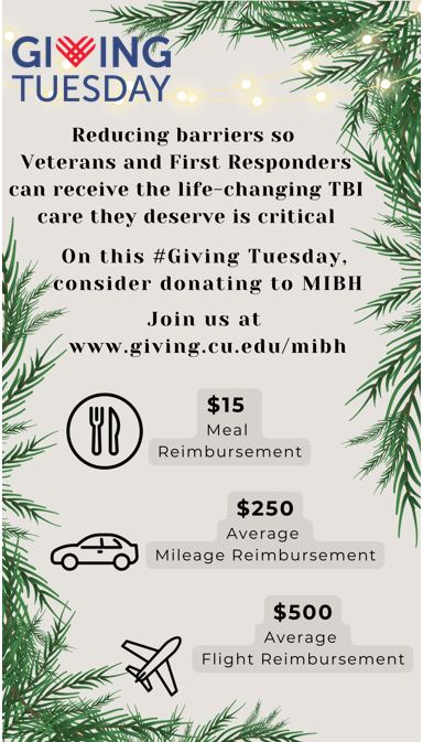 Reducing barriers so Veterans and First Responders can receive life changing TBI care they deserve is critical. On this #GivingTuesday, consider donating to MIBH. Join us at giving.cu.edu/mibh #Giving #Veterans #FirstResponder #TBI #PTS