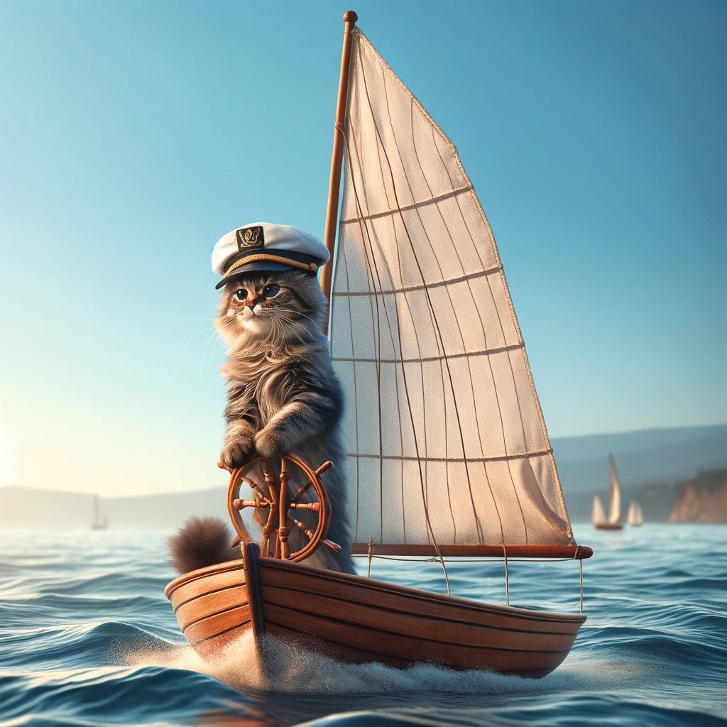 MarineVerseVR's tweet photo. This is a cat skilfully sailing a small sailboat.

For every 5 likes this gets, I will ask ChatGPT to make the wind stronger. 🐱⛵ https://t.co/F146hPHXfL