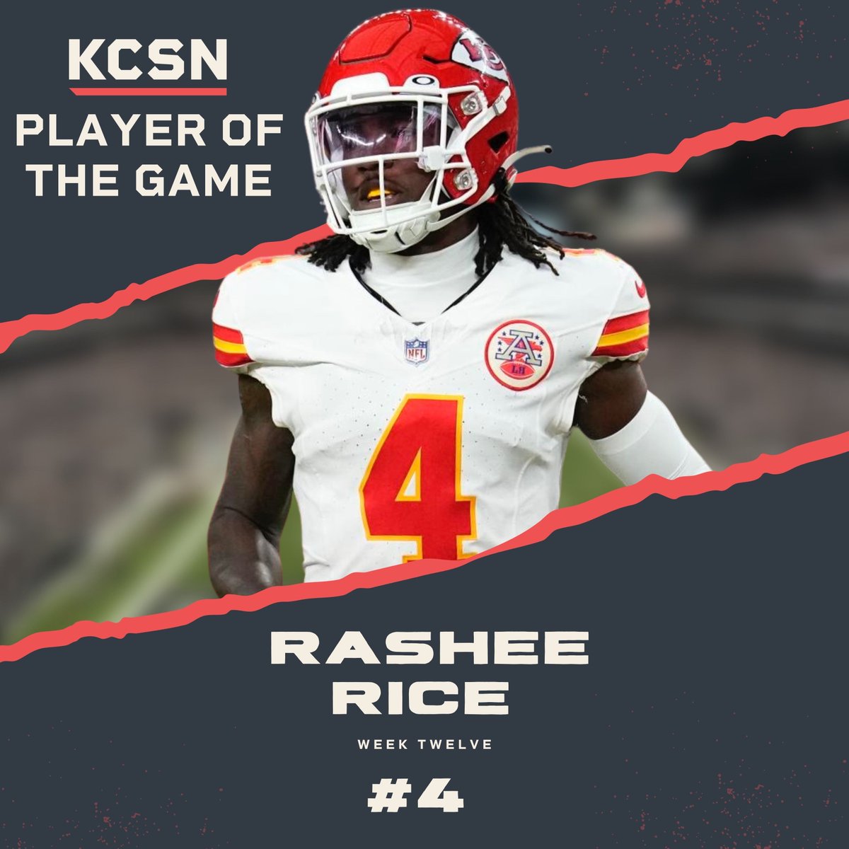 KCSportsNetwork's tweet photo. Congratulations to @RiceRashee11 on being named the Week 12 #KCSNPOTG for his performance against the Las Vegas Raiders!

• 8 receptions
• 107 receiving yards
• 13.4 yards per catch
• 1 touchdown
• 85.9 @PFF grade https://t.co/KzFQkbsEUD