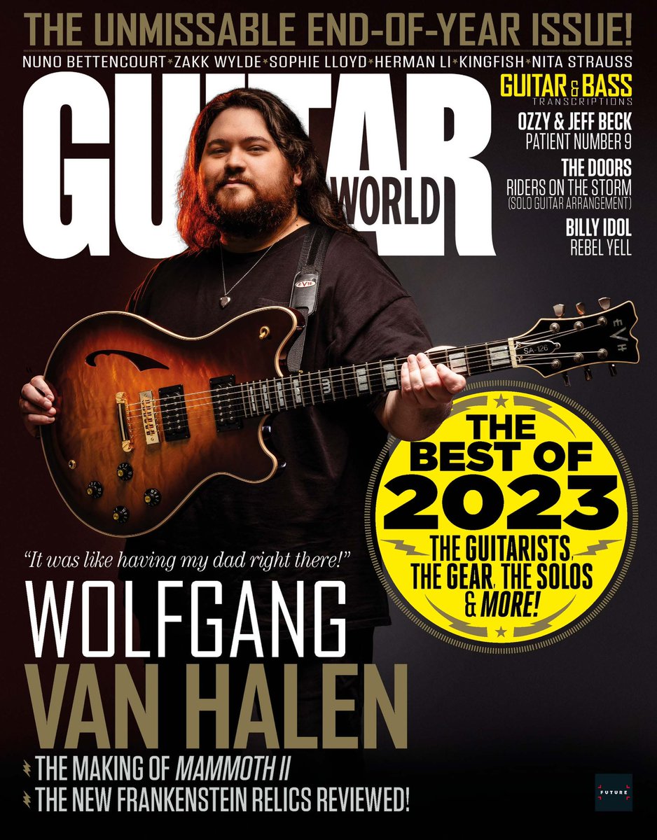 WolfVanHalen's tweet photo. It’s an insane honor to be on the cover of the Best of 2023 End-Of-Year issue of Guitar World 🙏

Thanks so much to all involved. Loved being able to show off my main SA-126 that pretty much IS Mammoth II. Can’t wait till everyone can get one in their hands too.

See you in ‘24👀 https://t.co/DN39x2WA4f