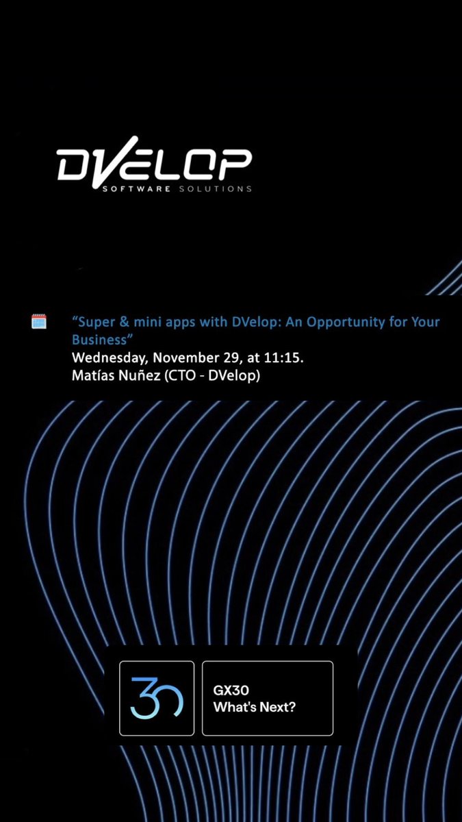• 29/11
• Radisson - Florida Ballroom
• 11:15 hrs
• Super &amp; Mini Apps con <a href="/DVelopSoftware/">DVelop</a> 📱👨🏻‍💻
• Speaker: Ing. Matías Nuñez 
&lt; imperdible! &gt; 

<a href="/GeneXus/">GeneXus</a> 
#GeneXus
#GX30
#Apps
#Software
#IT
#Tecnologia
#innovacion