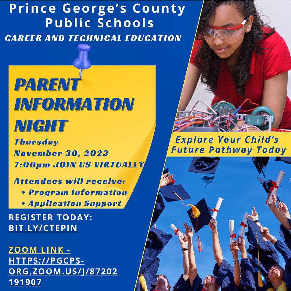 🚨 JOIN US THURS. 11. 30 @ 7PM EST for <a href="/pgcps/">PGCPS</a> Career and Technical Education Virtual Parent Information Night

-Learn about #CTE and Our Programs.
-Get Help Completing Your Application 
-Translators will be available too!

🔗ZOOM LINK:  pgcps-org.zoom.us/j/87202191907
<a href="/DrJeanPaulCadet/">Dr. Jean-Paul Cadet</a>
