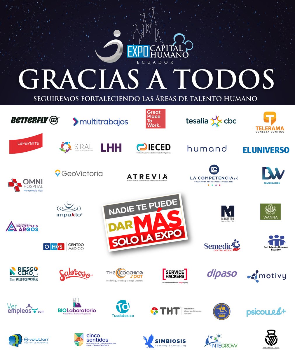 GRACIAS TORALES
A nuestros #Patrocinadores, #Líderes y #Proveedores de #recursoshumanos por el gran aporte a la única plataforma de la industria del talento humano #ExpoCapitalHumanoEcuador

Seguiremos celebrando con MÁS desafíos para el 2024.

#nadietedamassololaexpo