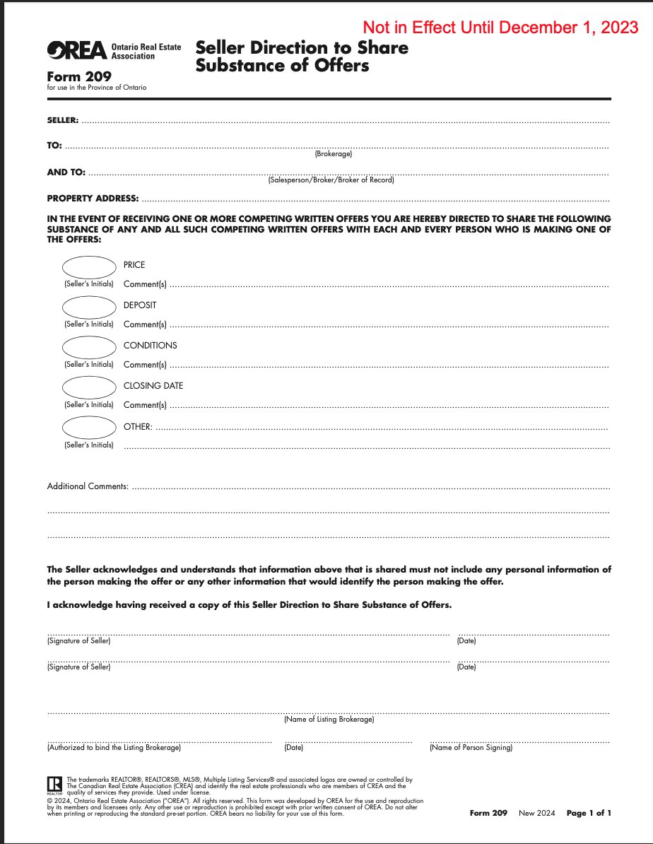 What will happen in ON on Friday when sellers are allowed to disclose offer details. Here's a copy of the form that will be used.  Note, this form limits agents to disclosing details only to other offers. The rules however allow them to disclose to anyone with written direction.