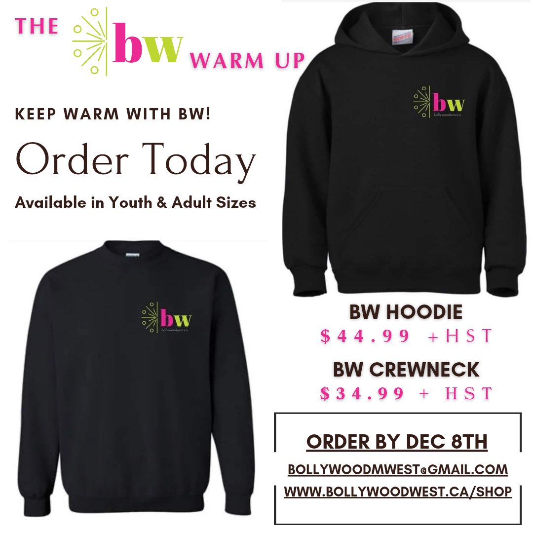 BW hoodies &amp; crewnecks for sale now! Order by Dec 8th.
bollywoodwest.ca/shop